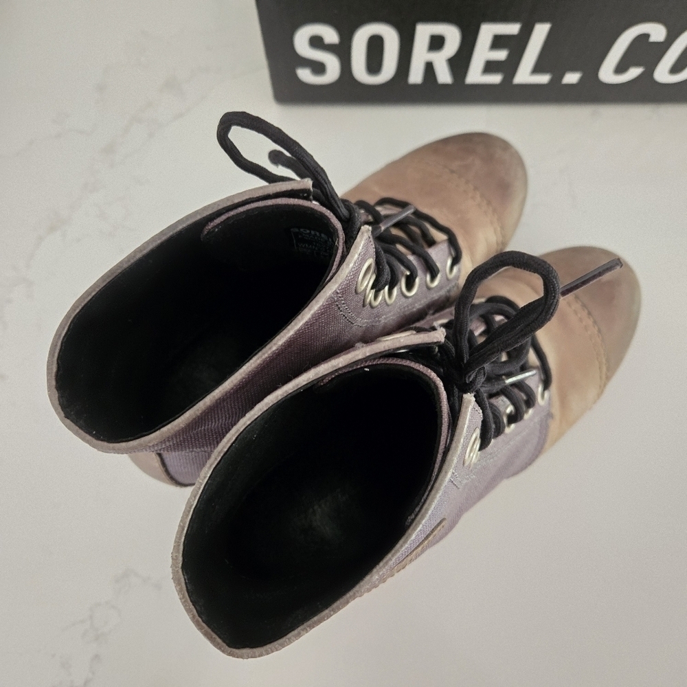Sorel PDX Lexie Leather Canvas Wedge Lace-Up Ankle Boot Gray Brown Size 8.5 - Picture 5 of 9